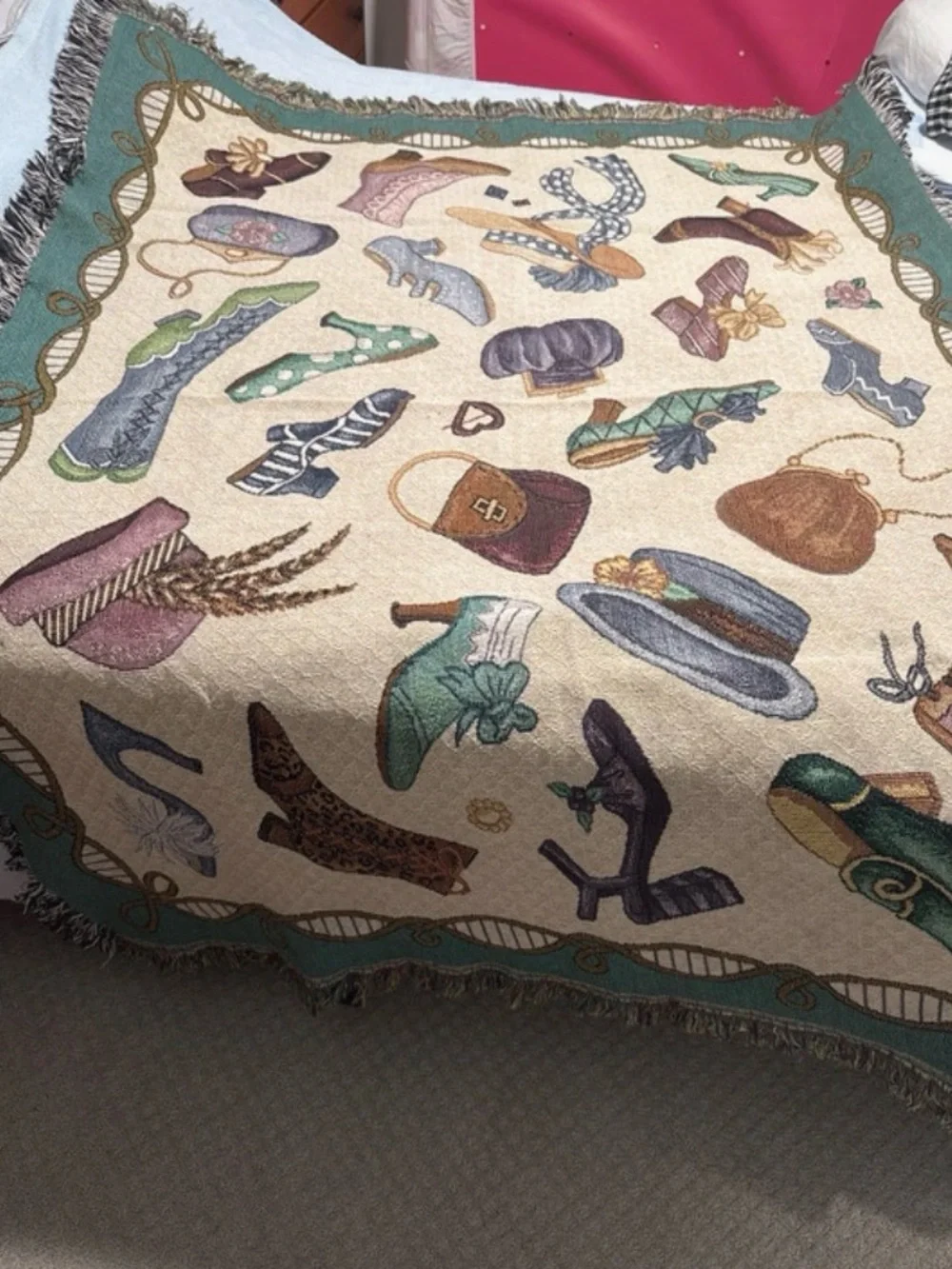 vintage Pat Cockrell Tapestry Throw Blanket Victorian Shoes Hats Purse